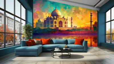 illustration of dome masjid with beautiful nature landscape, Generative Ai Wall mural