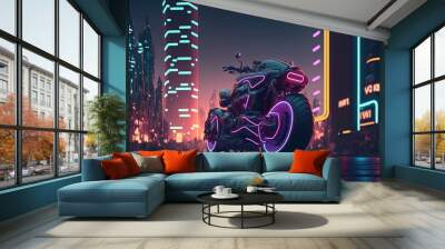 illustration of futuristic style motorbike or big bike with neon light cityscape Wall mural