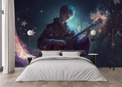 illustration of handsome Asian musician wearing Chinese traditional cloth with glitter glow light and magical romantic atmosphere, Generative Ai Wall mural