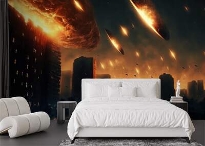 illustration of meteor shower fall into earth's atmosphere make fire trail in sky and crash on urban city building , nature calamity disaster Wall mural