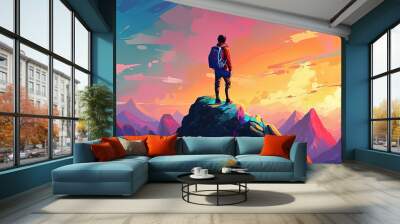 illustration of successful theme concept, a backpacker on the mountain peak with gradient sunset twilight sky beautiful scenery, Generative Ai Wall mural