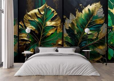 illustration of tropical golden leaf abstract background in collection set 4, green  Generative Ai Wall mural