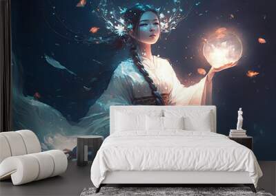 illustration portrait of a fantasy Asian goddess with at romantic fantasy atmosphere night time, hair flow motion in wind blow, idea for dreamy fairytale background wallpaper, Generative Ai Wall mural