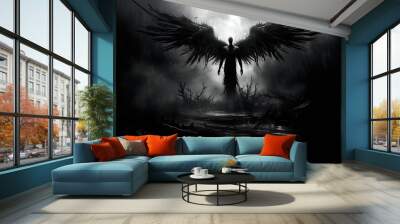 ink art illustration fo dark angel walking in forest with her wing spread wide, Generative Ai Wall mural