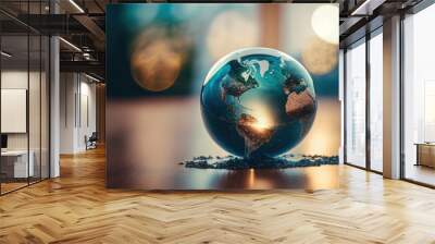 little world globe on table with bokeh light background, idea for travel or science theme background wallpaper with copy space  Wall mural