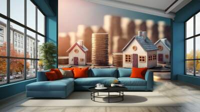 many houses with a lot of coin stack, idea for property investment, income , tax, and passive income, Generative Ai Wall mural