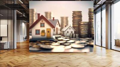 many houses with a lot of coin stack, idea for property investment, income , tax, and passive income, Wall mural