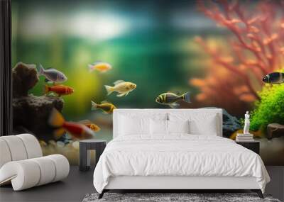 mini small aquarium scene underwater world full of fish swimming among forest , Generative Ai Wall mural