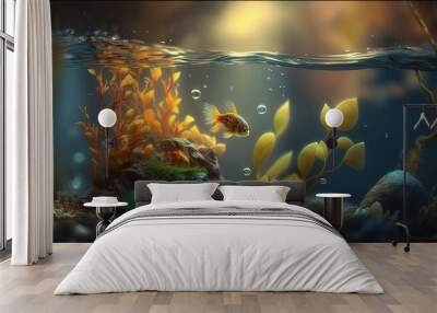 mini small aquarium scene underwater world full of fish swimming among forest , Generative Ai Wall mural