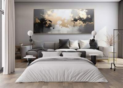 minimal but luxury living room interior design, sofa and abstract painting in black white gold, Generative Ai Wall mural