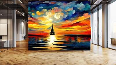 oil paint style illustration of seascape with yacht  Wall mural