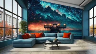 oil painting illustration of a beautiful seascape and galaxy sky with pavilion on the end wooden way path to the horizon  Generative Ai	 Wall mural