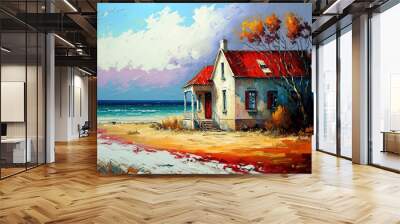 oil painting style beautiful illustration coastal seascape sweet home with nobody Wall mural