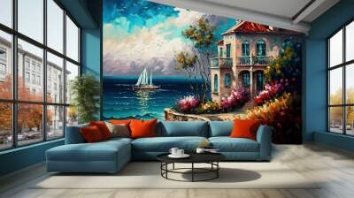 oil painting style beautiful illustration coastal seascape with nobody Wall mural