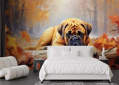 oil painting style illustration, Bullmastiff dog in autumn wood , elegance wildlife, idea for wall art decor and background wallpaper, Generative Ai Wall mural