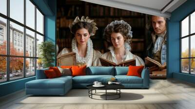 old time historical era, group of young women study and reading book at library Wall mural