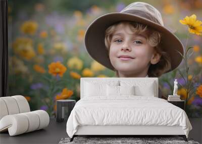 old time historical era, happy young boy smiling at flower blossom garden Wall mural