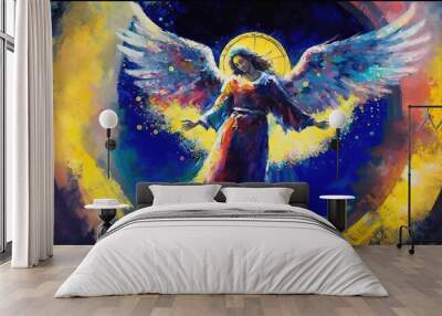 paint like illustration of a flying angel, idea for artistic background wallpaper, Generative Ai Wall mural