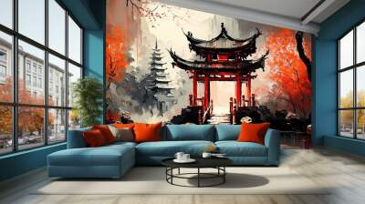 paint like illustration of beautiful ancient Asian village small town with cherry blossom tree in spring time, Generative Ai Wall mural