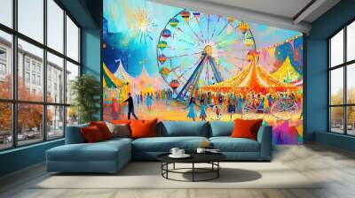 paint like illustration of circus fun fair carnival festival, idea for artistic background wallpaper, Generative Ai Wall mural