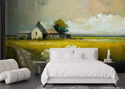 paint like illustration of wooden house on summer rural field,  idea for home art wall decor, Generative Ai Wall mural