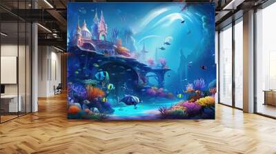 painting style illustration, a house at ocean floor  underwater coral reef with fish and  lights glow from above water surface, Generative Ai Wall mural