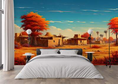 painting style illustration, desert village in drough sandy landscape, Generative Ai Wall mural