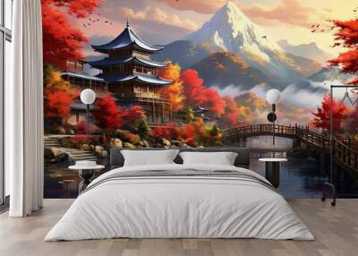 painting style illustration banner wallpaper, beautiful Autumn rural countryside ancient Asian village  landscape, Generative Ai Wall mural