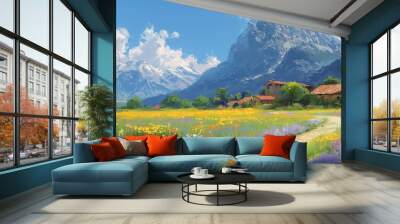 painting style illustration beautiful landscape,  sunny day in rural countryside summer season with flower grass field blossoming with mountain background Wall mural