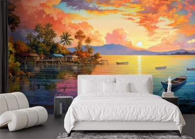 painting style illustration of beautiful nature landscape of rural countryside of Southeast Asian,  village at riverside at sunset time, Generative Ai Wall mural