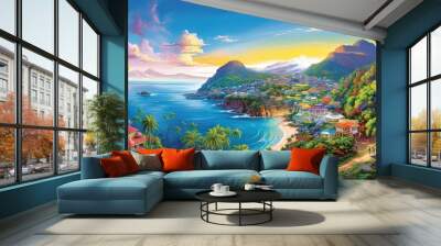 painting style illustration of beautiful peaceful tropical ocean lagoon banner background wallpaper, Generative Ai Wall mural