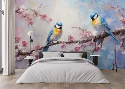 painting style illustration of cute two sparrow bird on pink flower branch, Generative Ai Wall mural