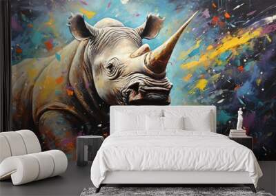 painting style illustration of rhino in flower field with color splash, Generative Ai Wall mural