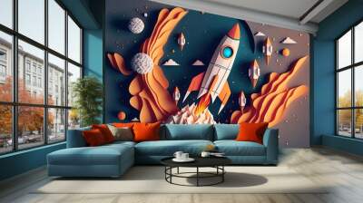 paper art style illustration of space rocket	
 Wall mural