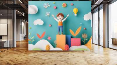 paper craft illustration, cheerful business kid,  stand on financial growth chart, future dream financial skill concept Wall mural