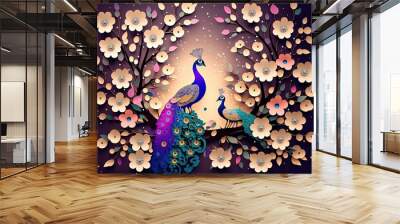 paper craft style illustration of peacock on flower blossom branch , spring theme background wallpaper Generative Ai Wall mural