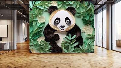 paper cut craft style artful illustration background, cute panda in forest with flower blossoming, Generative Ai Wall mural