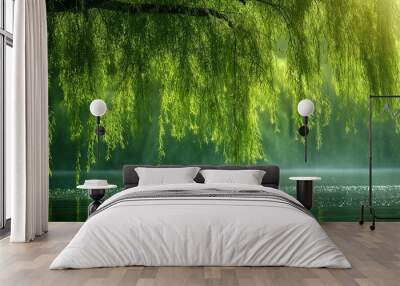 peaceful green nature landscape, view from under willow tree shade at riverside with sunlight, Generative Ai Wall mural