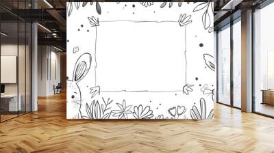 pencil sketch line art cute rabbit in flower garden cute cartoonish page print frame or border design, with blank empty space for mock up message background Wall mural