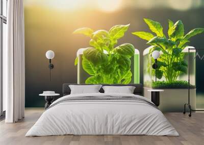 plant grow in hi-tech controlling environment with bright light in research and experiment theme, concept for future agricultural, vertical farming, high- tech garden tools, hydroponic gardens Wall mural