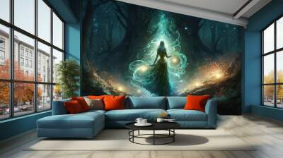 powerful woman sorcerer walking in fairy forest with magic power emerge around, Generative Ai Wall mural