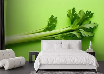 raw celery on green table background with blank copy space, vegetable antioxidant and healthy benefit concept, Generative Ai Wall mural