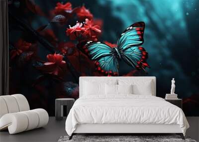 red blue butterfly on red flower branch, Generative Ai Wall mural