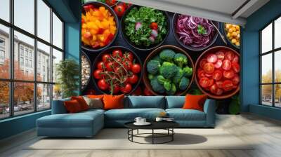 salad bar top view, healthy fresh organic farm produce ingredient, vegetable and fruit, Generative Ai Wall mural