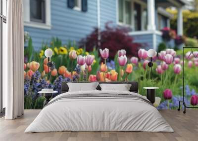 suburban home garden is in full bloom with a variety of colorful flowers Wall mural