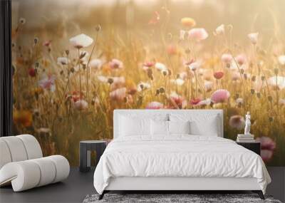 summer and spring flower grass field, wildflower field, Generative Ai Wall mural