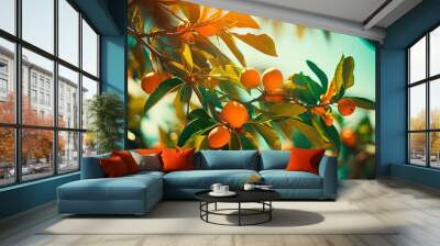 summer mood  orange tree background wallpaper with copy space, Generative Ai Wall mural