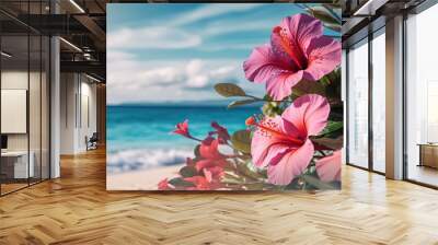 summer nature background, beautiful tropical island beach behind beautiful hibiscus flower bush, Generative Ai Wall mural