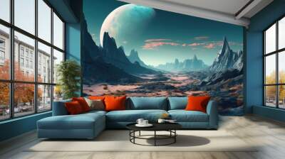 surreal galaxy background with giant Saturn with planet rough surface, Generative Ai Wall mural