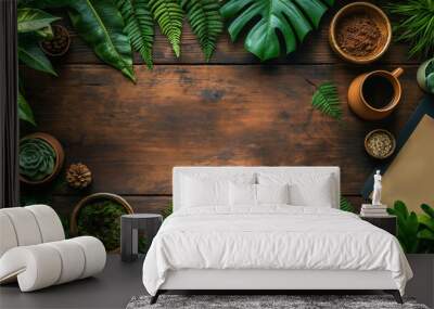 top view background of wooden work desk table with green tropical leaves and succulent pot plants, Generative Ai Wall mural